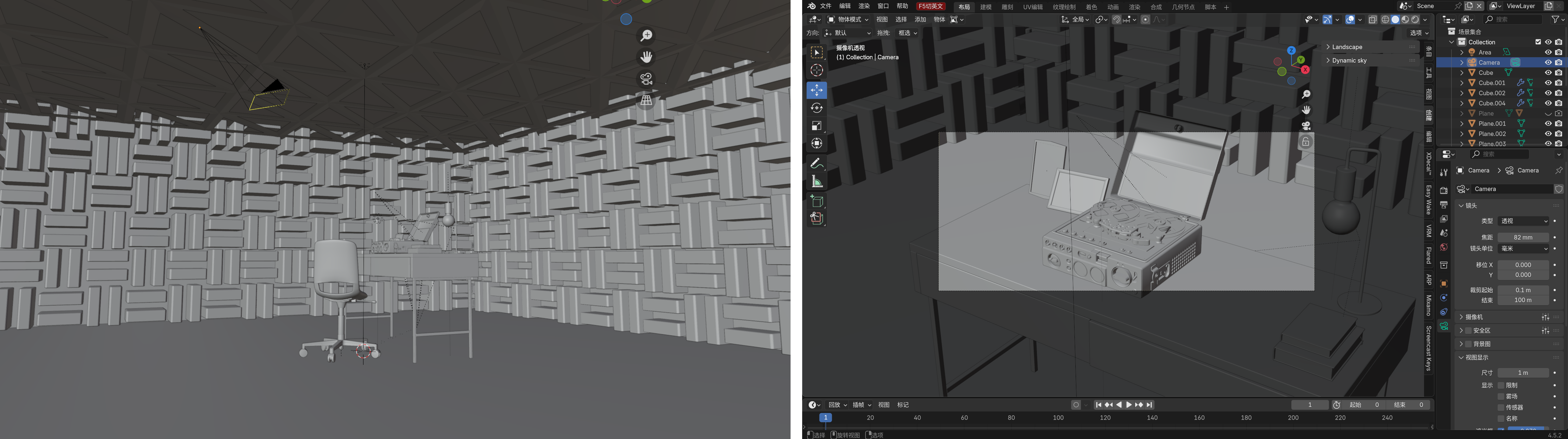 这是左右分栏的 Blender 4.5.2 三维建模工作界面截图，左侧窗口展示录音室大场景白模线框预览，可见错落方块结构的吸音墙面、三角格纹吊顶、工作台、滚轮办公椅以及桌面设备，画面左上角显示相机机位标记；右侧窗口为摄像机透视特写视角，聚焦桌面的开盘式磁带录音机与两幅相框，界面上方排布文件、编辑、渲染等菜单栏，右侧是大纲物体列表与相机参数面板，标注焦距82mm，底部带有时间轴动画控制栏，整体为无材质灰度白模状态，是此前场景的三维工程制作画面。