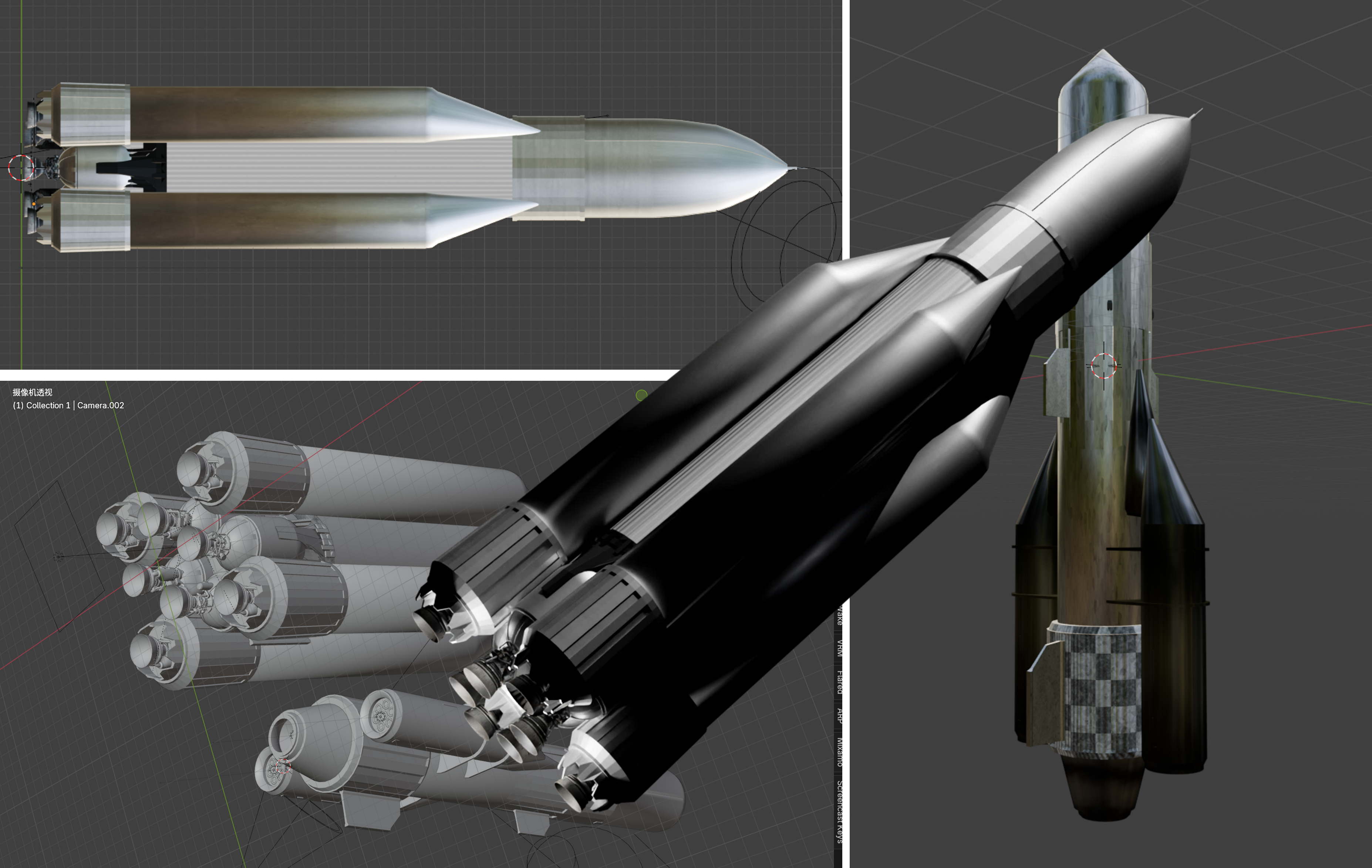Blender软件的四视口火箭三维建模工程截图，四个窗口分别展示该苏式捆绑运载火箭的不同视角：左上角为正顶视图、左下角是摄像机透视视角、右侧为斜向透视主视图，灰色网格建模背景下，完整呈现火箭箭体、四周捆绑助推器、多组发动机喷口结构，箭体局部做了旧化金属与方格纹理材质预览，视图内带有坐标轴线、相机标记与工程标注文字，这是此前深空火箭渲染画面对应的建模源工程文件。